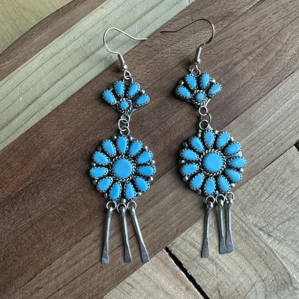 Vintage Zuni Hook Dangle Earrings 3.4 Inch Blue Turquoise 925 Sterling 12.5g